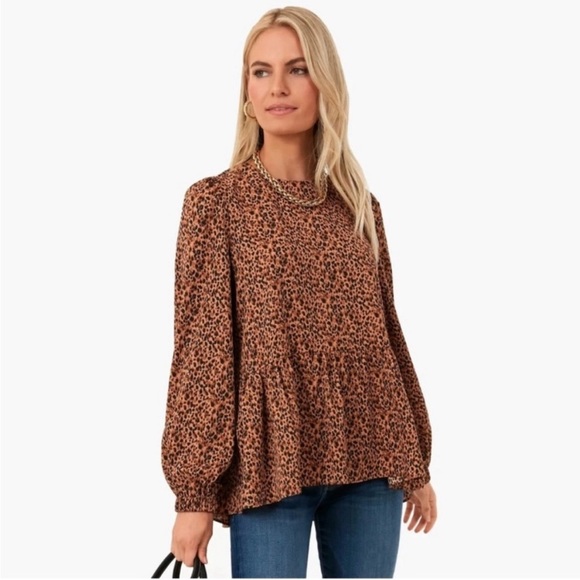 Tuckernuck Pomander Place Leopard Carlota Peplum Blouse Puff Sleeve Top Sz S - Picture 1 of 11